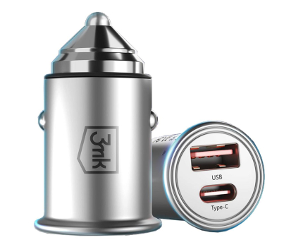 Ładowarka i akumulator 3MK samochodowa 1xUSB-C 1xUSB 30W srebrna